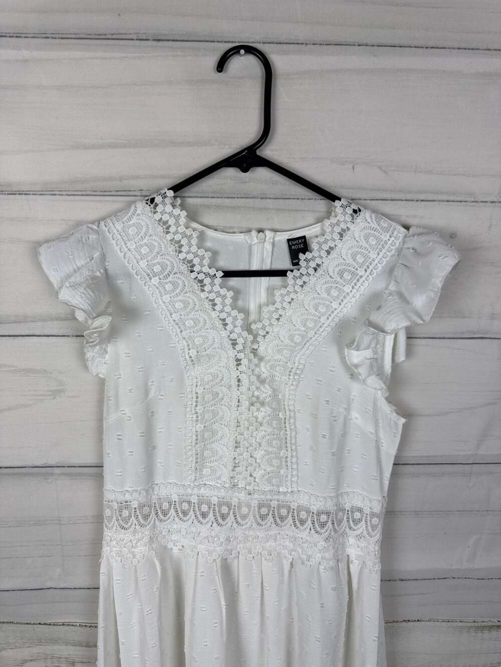 EMERY ROSE White Pointelle Ruffle Flutter Sleeve Crochet Lace Inset Mini Dress - Picture 2 of 4